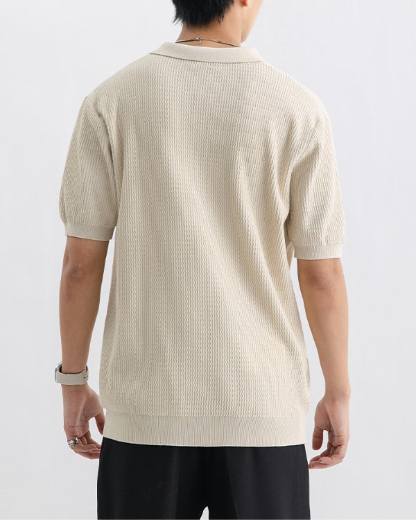 Textured Knit Open Polo Shirt