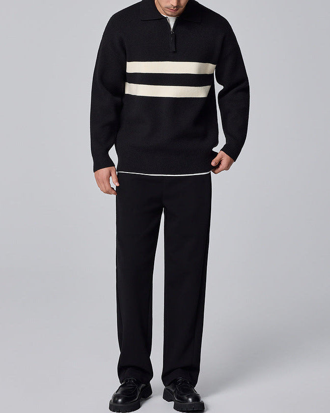 The Porter Semi-Open Contrast Striped Lapel Knit Sweater