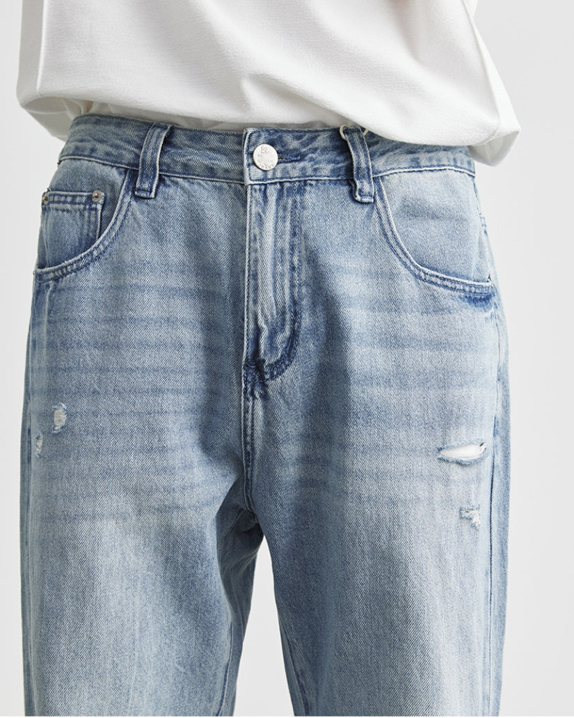 Worn Blue Wide-Leg Jeans