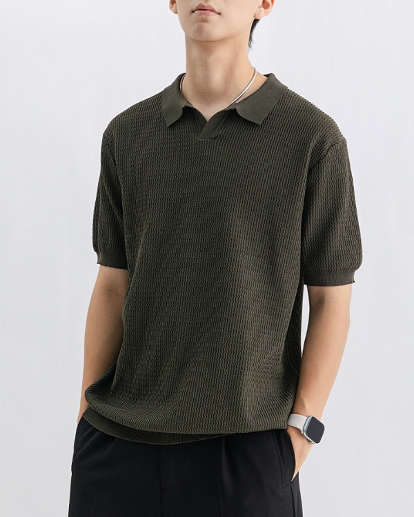 Textured Knit Open Polo Shirt
