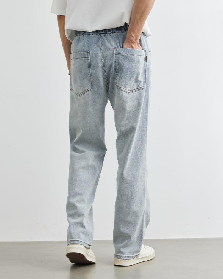 Light Wash Elastic Waistband Drawstring Jeans