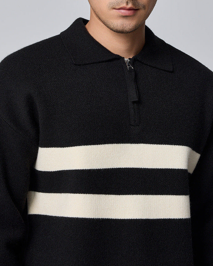 The Porter Semi-Open Contrast Striped Lapel Knit Sweater