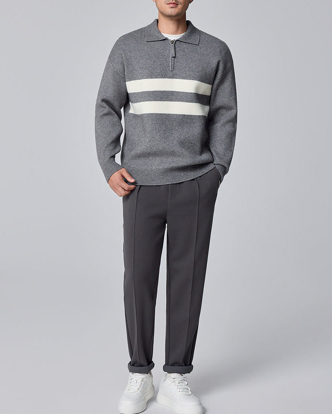 The Porter Semi-Open Contrast Striped Lapel Knit Sweater