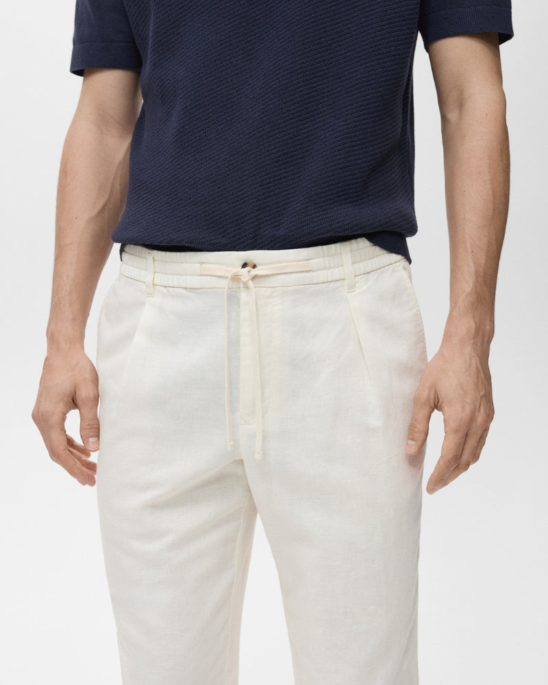 Cotton and linen blend trousers with drawstrings - oatmeal