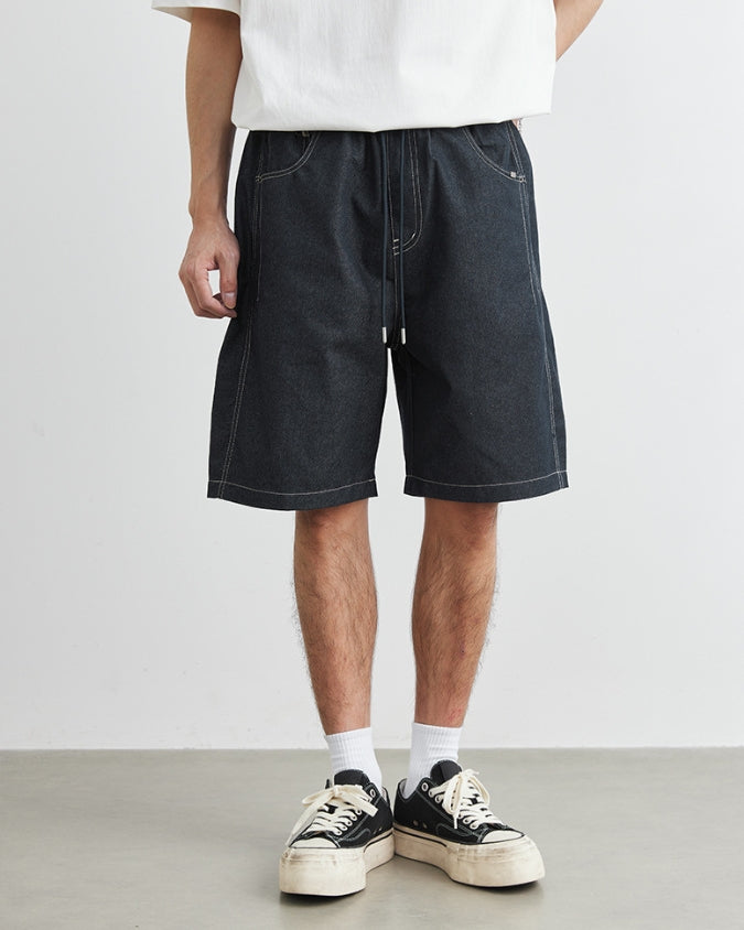 Wide Relaxed Denim Look Shorts with Drawstrings