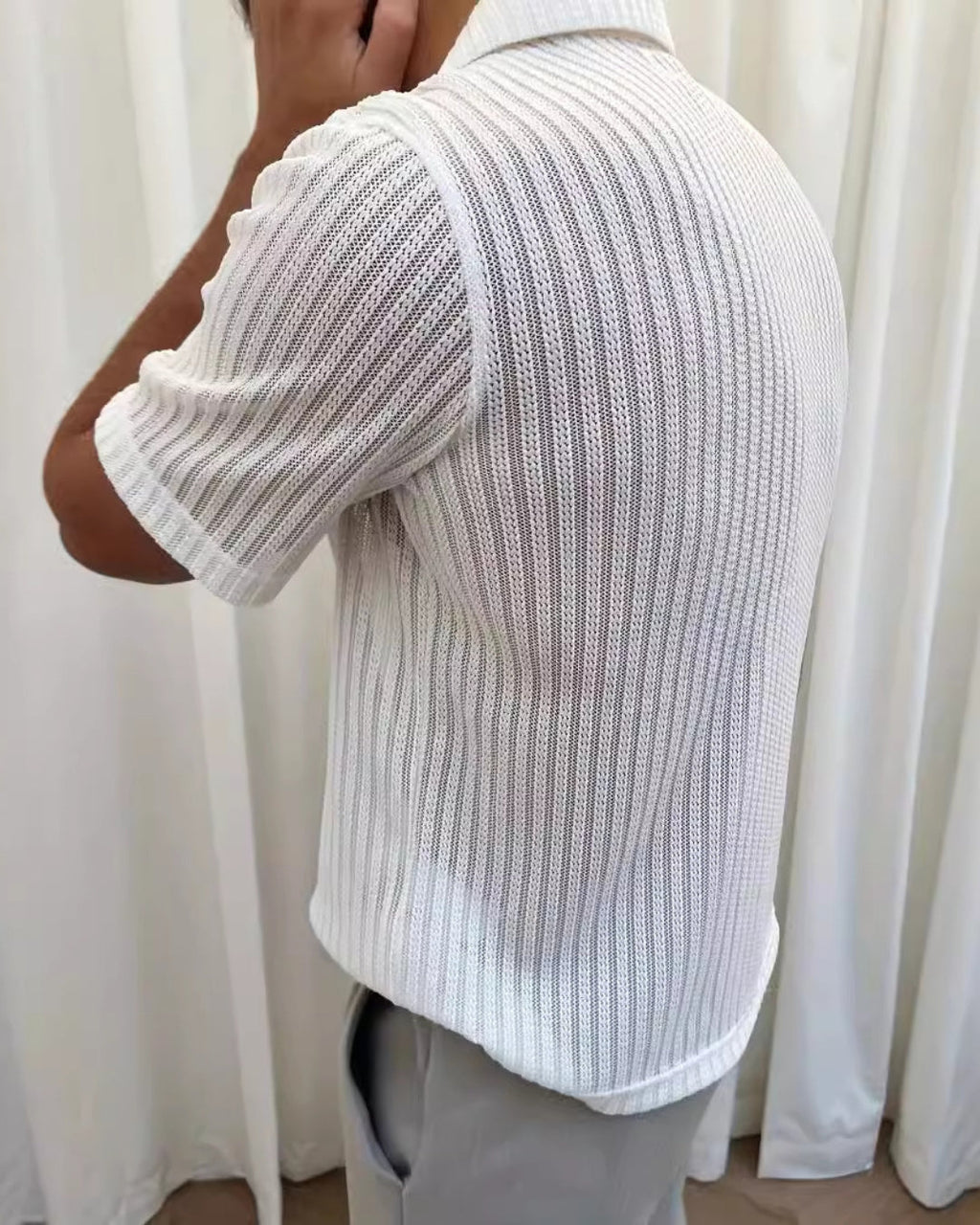 Ivory Textured Knit Polo Shirt