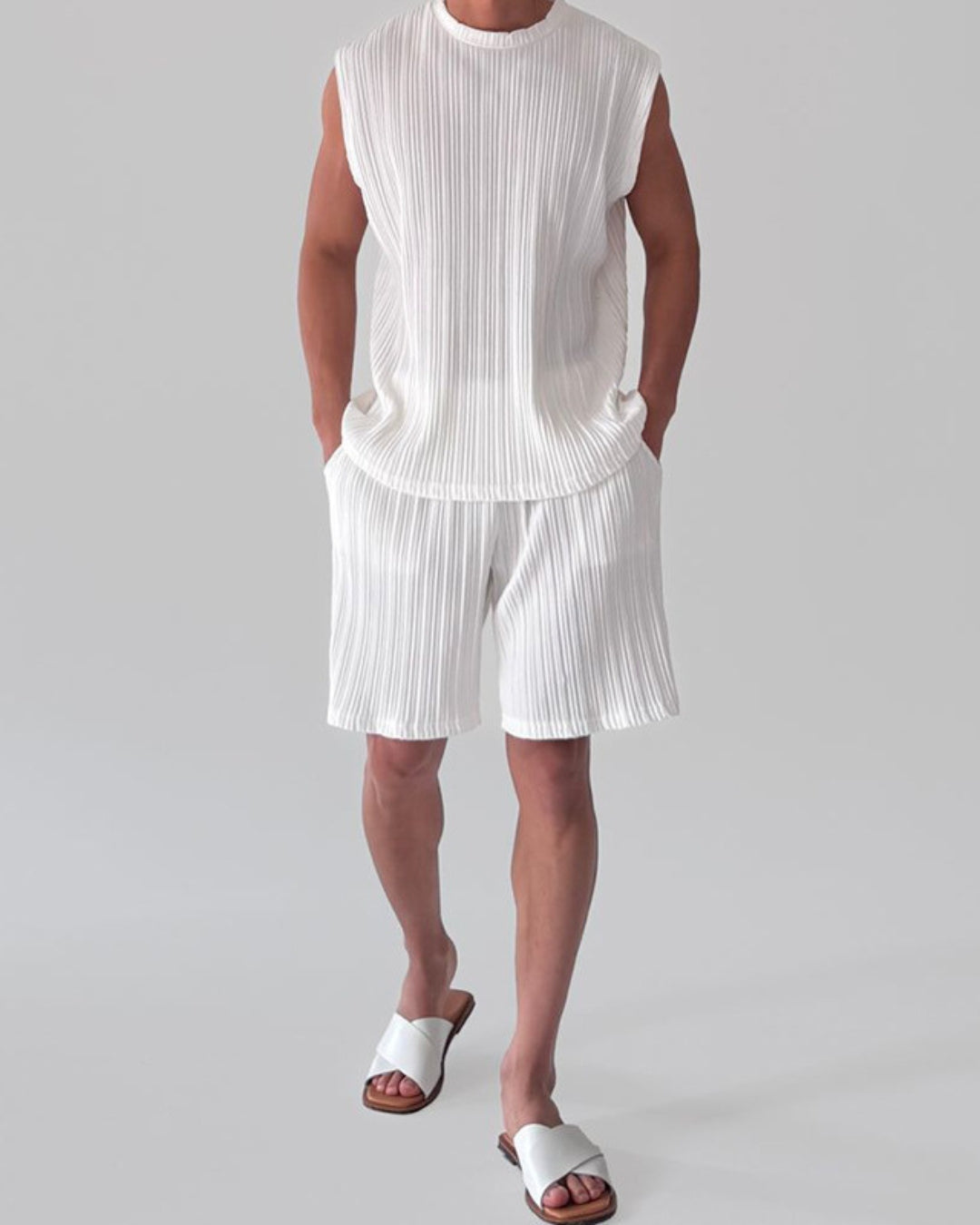 Ivory Sleeveless Pleated Set