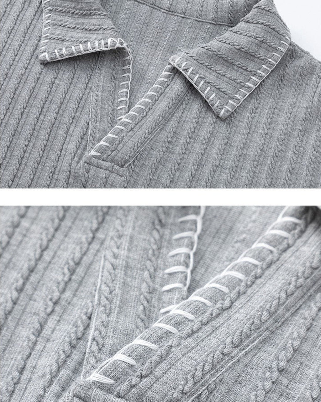 Contrast Stitch Ribbed Knit Polo Longsleeve Sweater