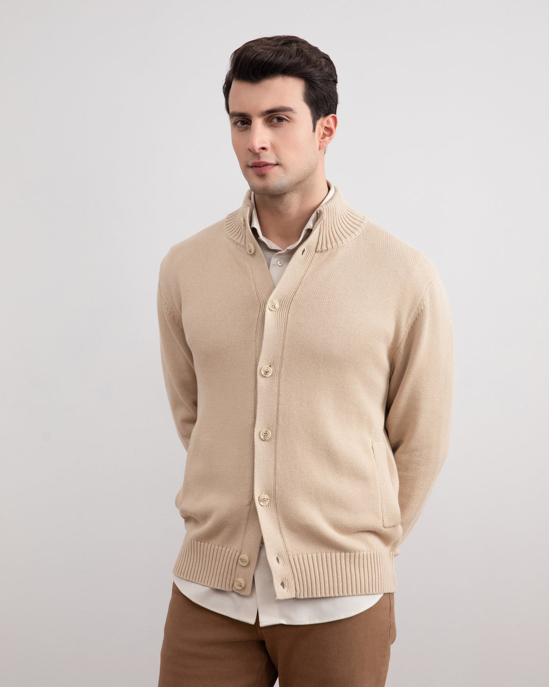 Beige Ribbed Button Closure With Pockets Cardigan