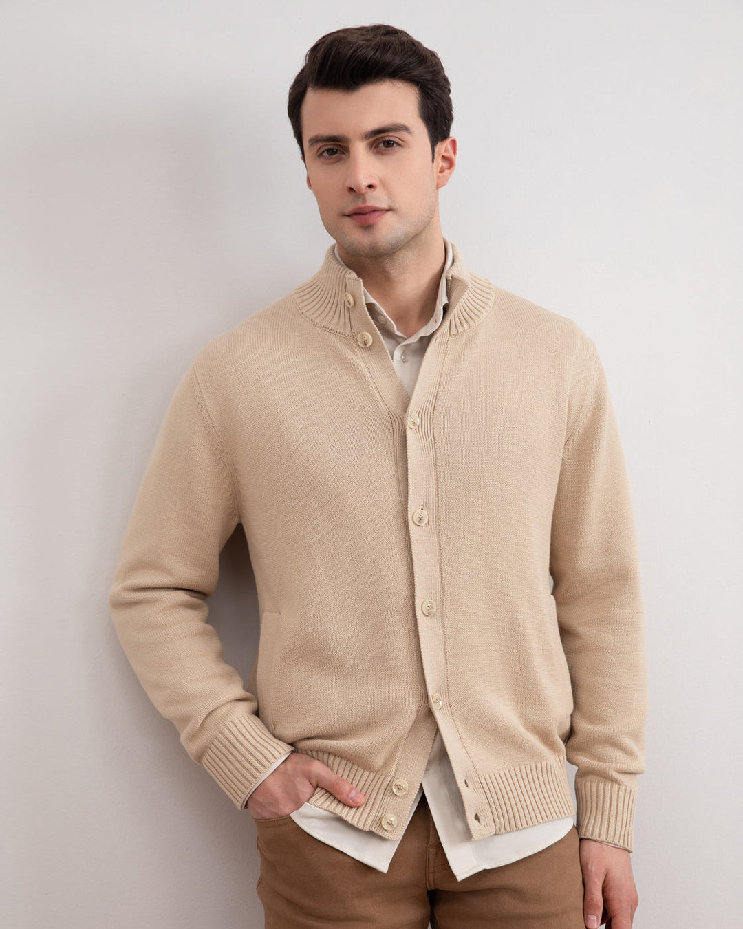 Beige Ribbed Button Closure With Pockets Cardigan