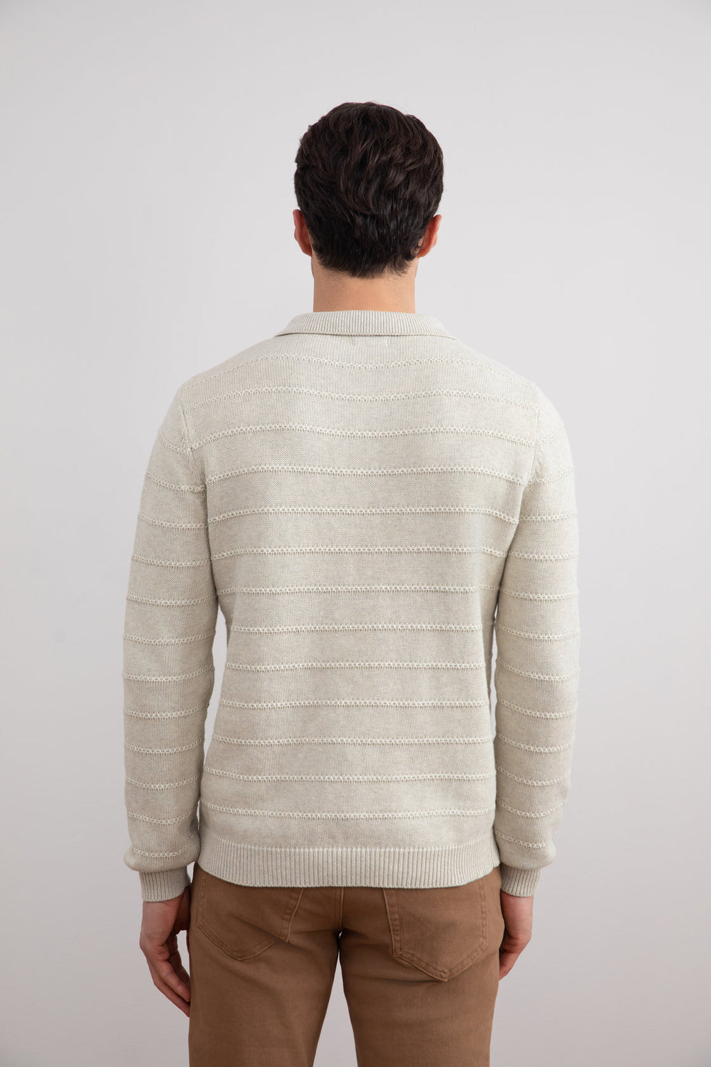 Beige Mélange Knit Texture Open Polo Sweater