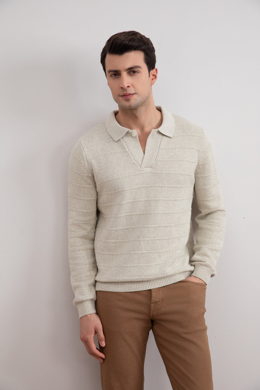Beige Mélange Knit Texture Open Polo Sweater