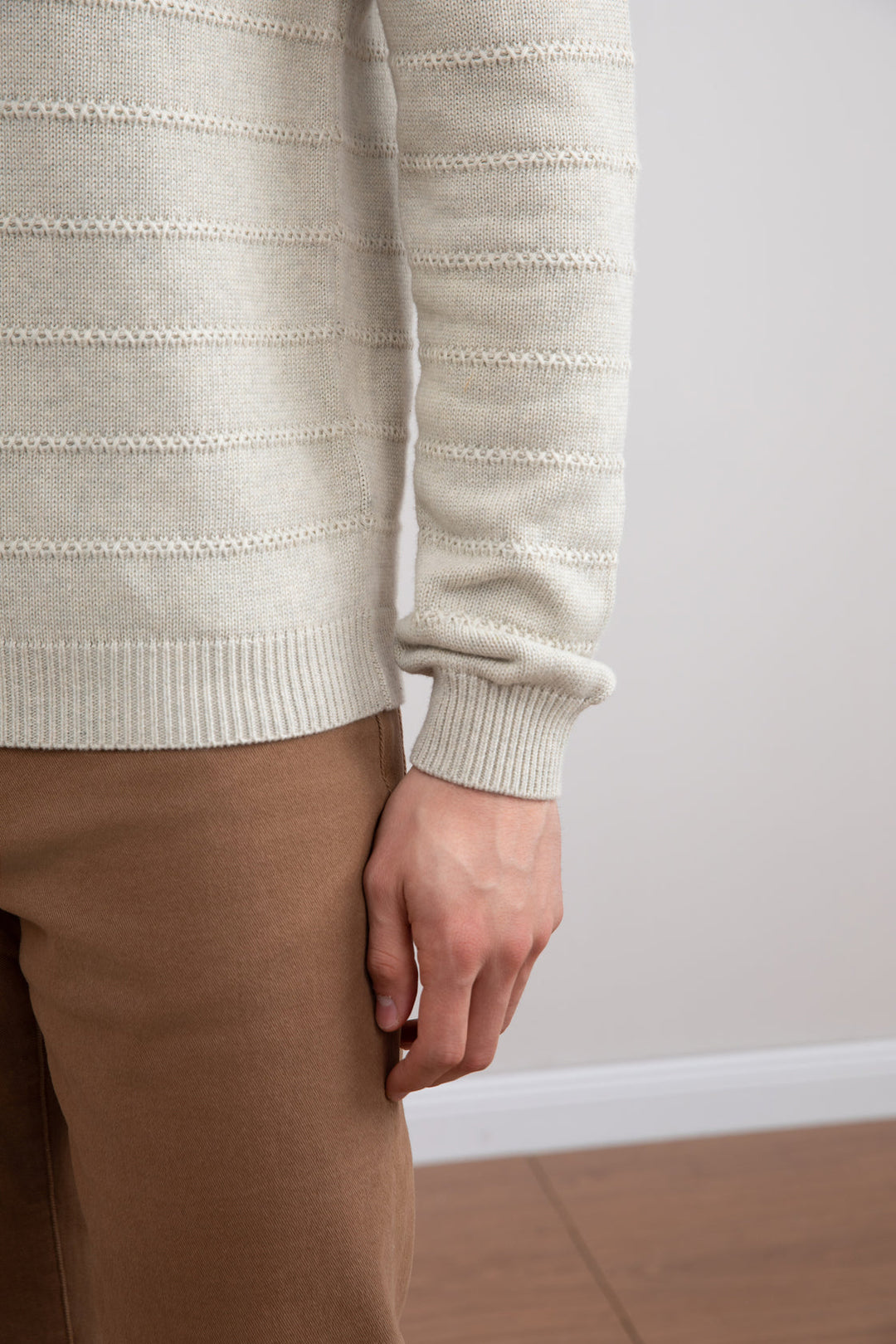 Beige Mélange Knit Texture Open Polo Sweater