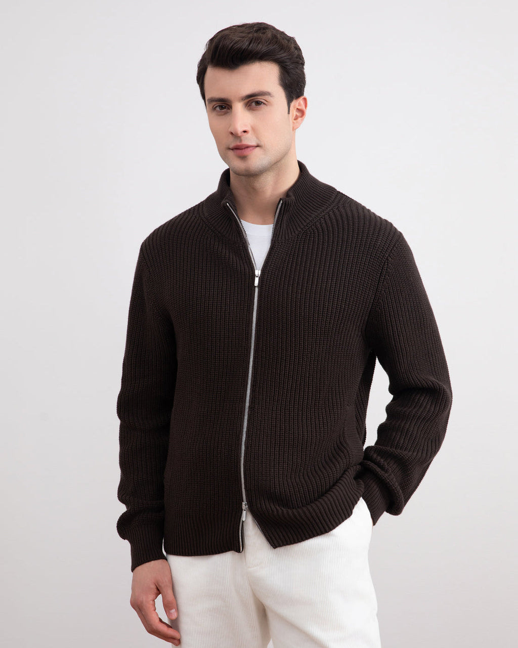 Dark Brown Ribbed Zip-Up Cardigan