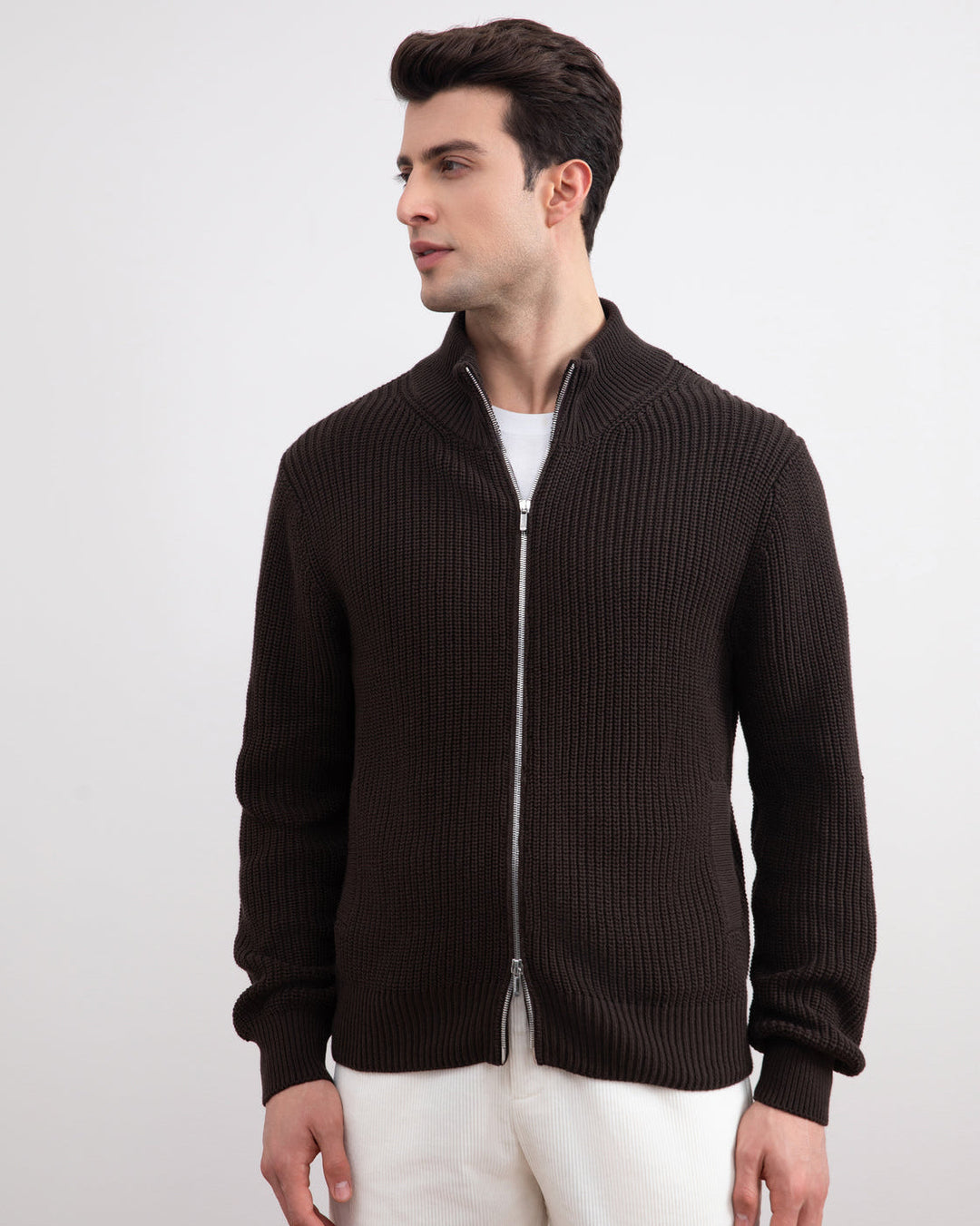 Dark Brown Ribbed Zip-Up Cardigan