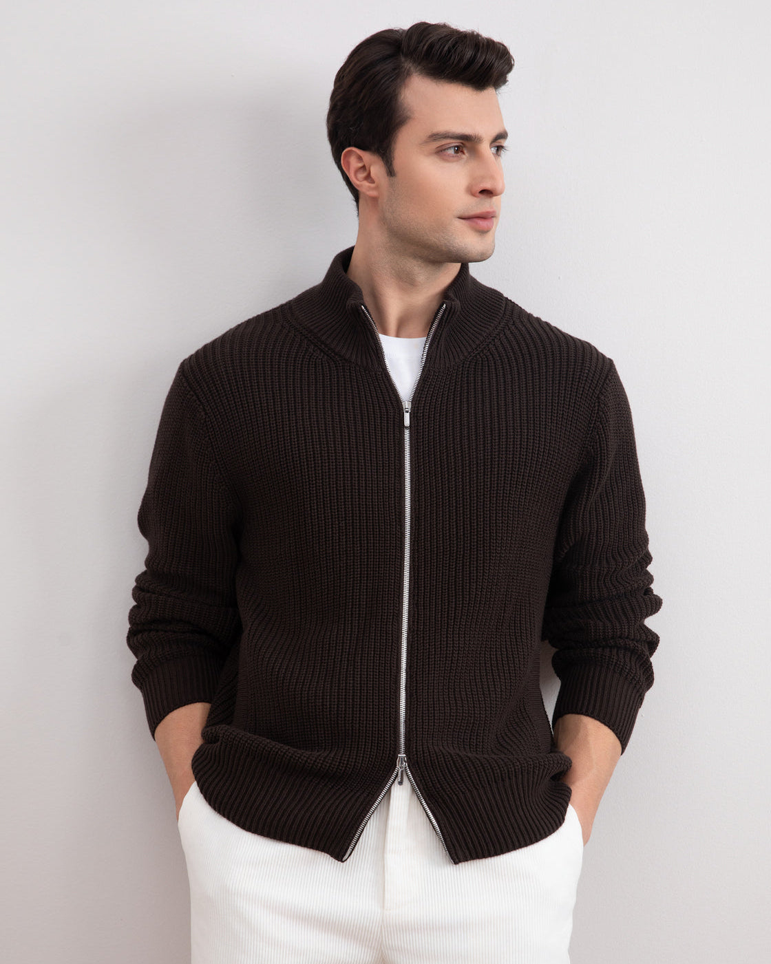 Dark Brown Ribbed Zip-Up Cardigan