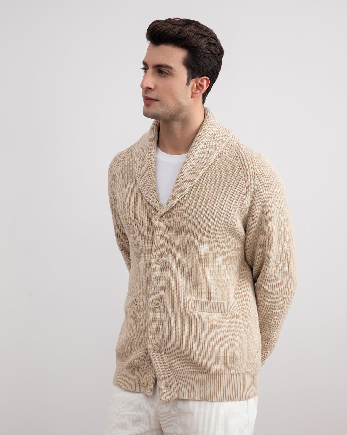 Beige Shawl-Collar Ribbed Cardigan