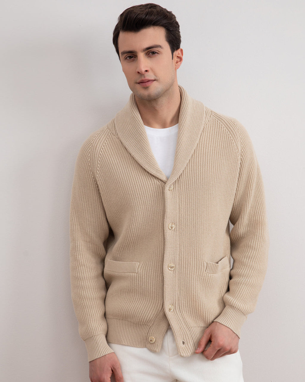 Beige Shawl-Collar Ribbed Cardigan