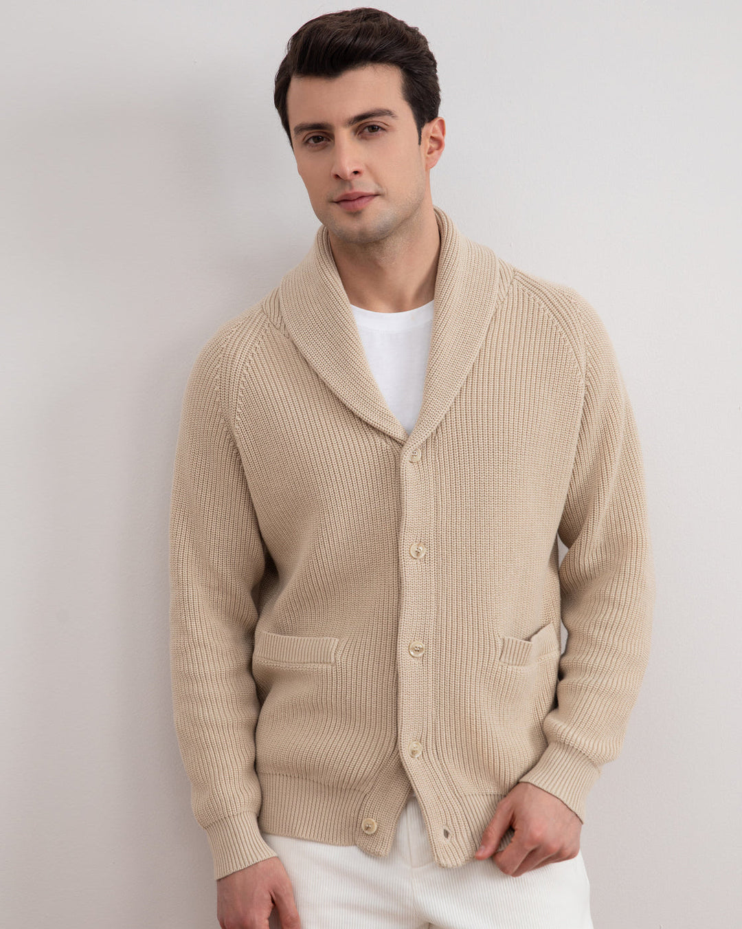 Beige Shawl-Collar Ribbed Cardigan