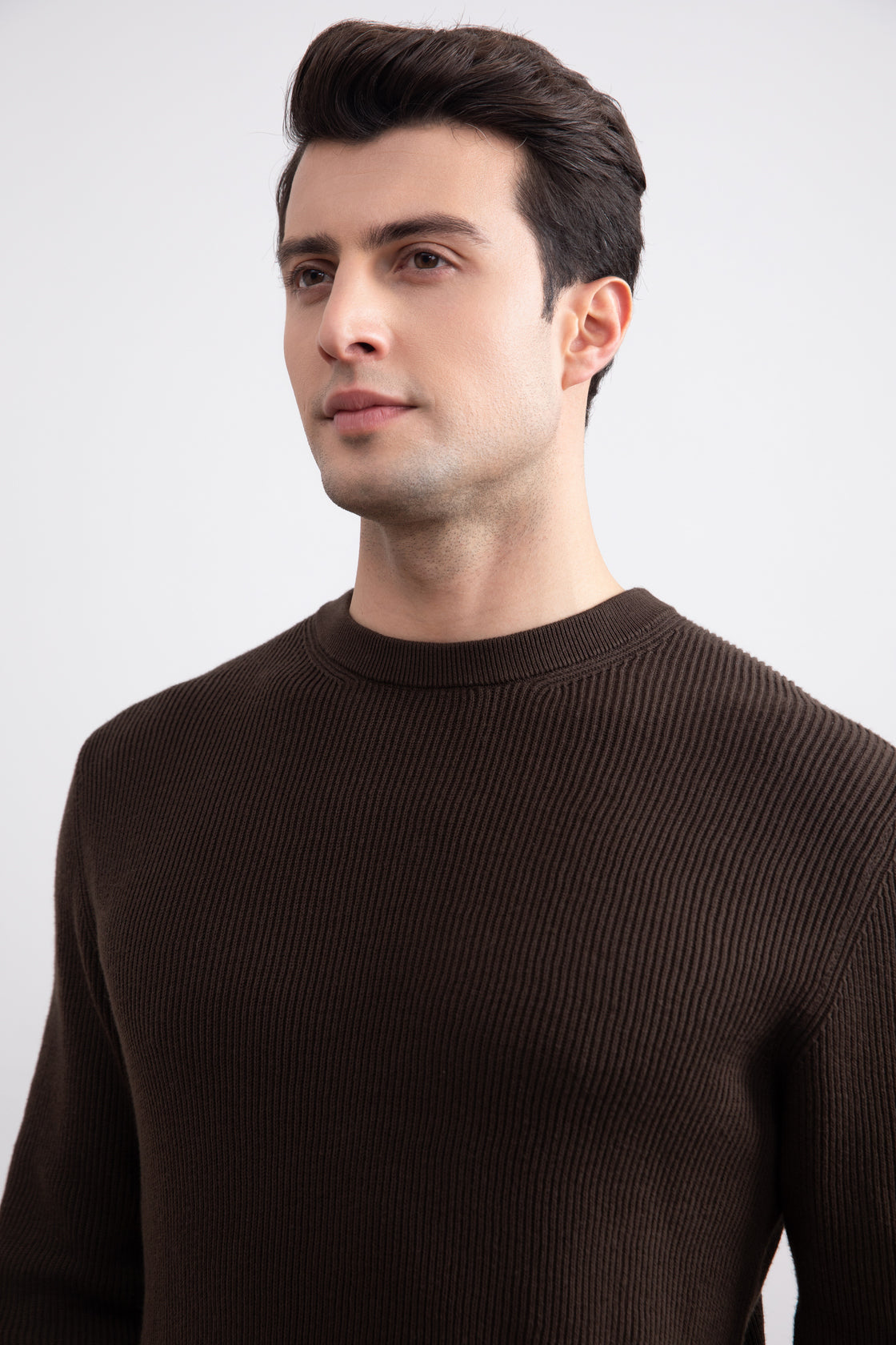 Dark Brown Crewneck Malfilé English Rib Sweater