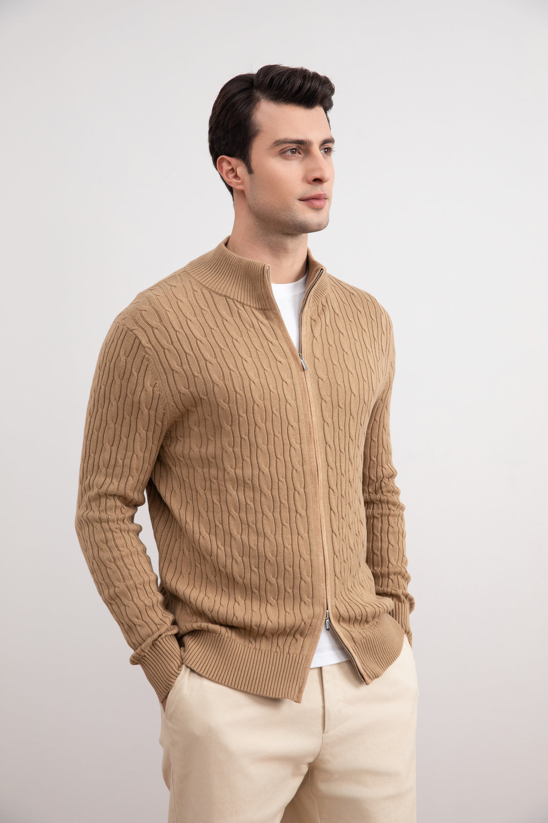 Tan Cable Knit full-zip Sweater