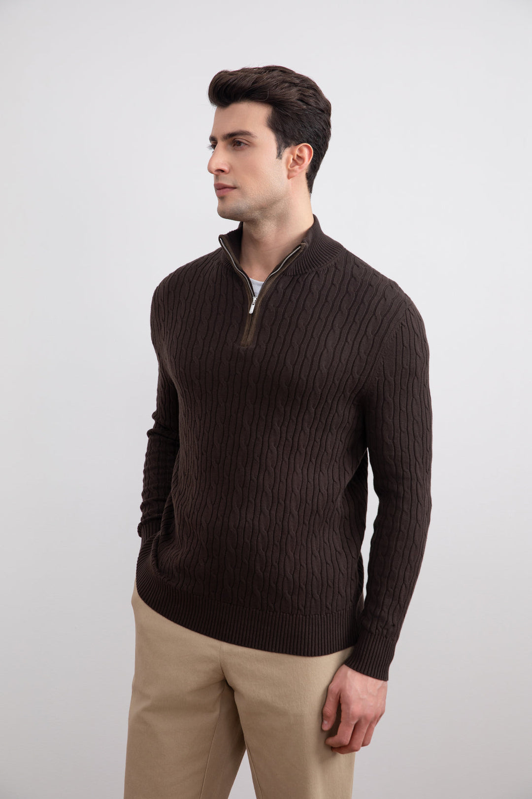 Dark Brown Cable Knit half-zip Sweater