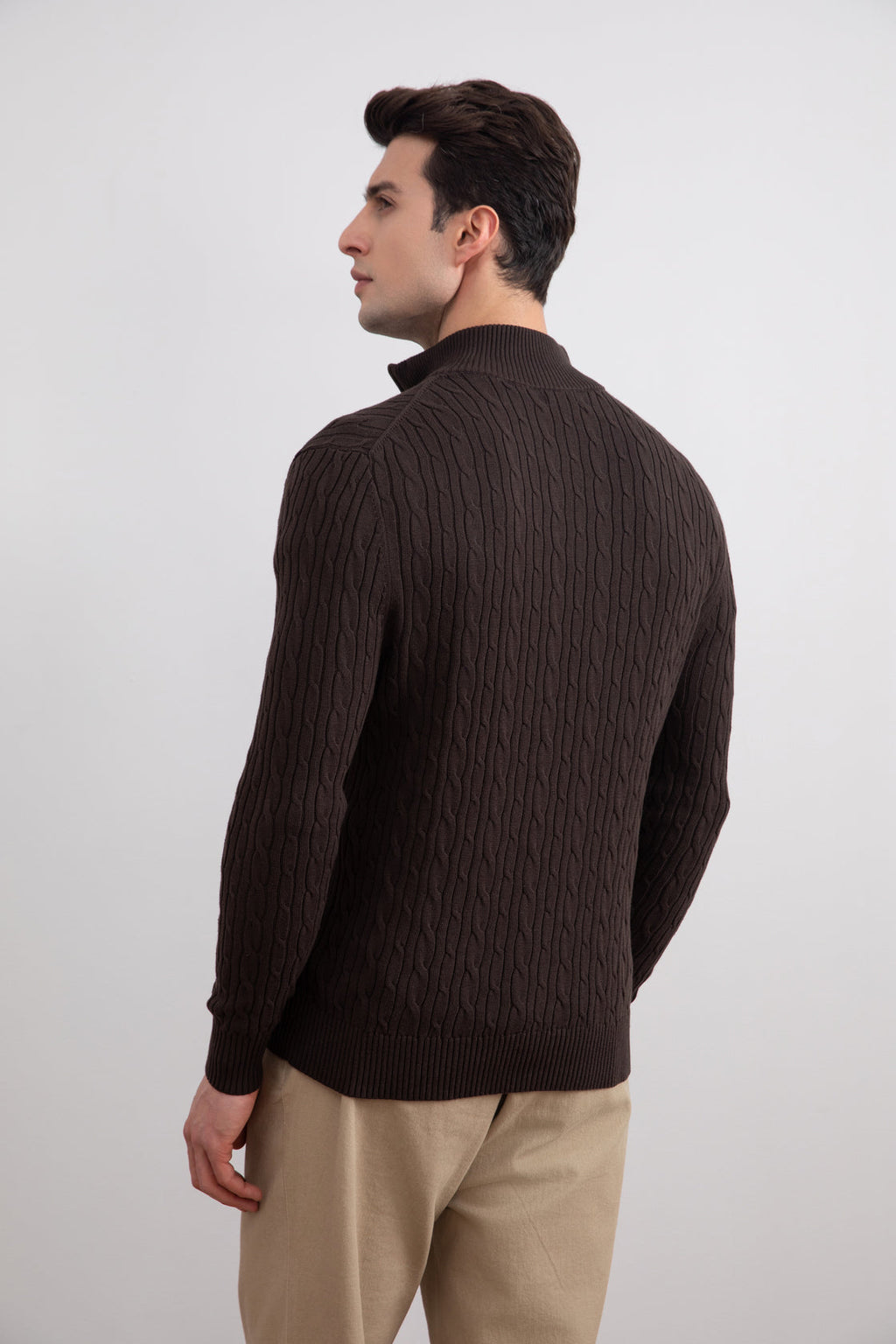 Dark Brown Cable Knit half-zip Sweater