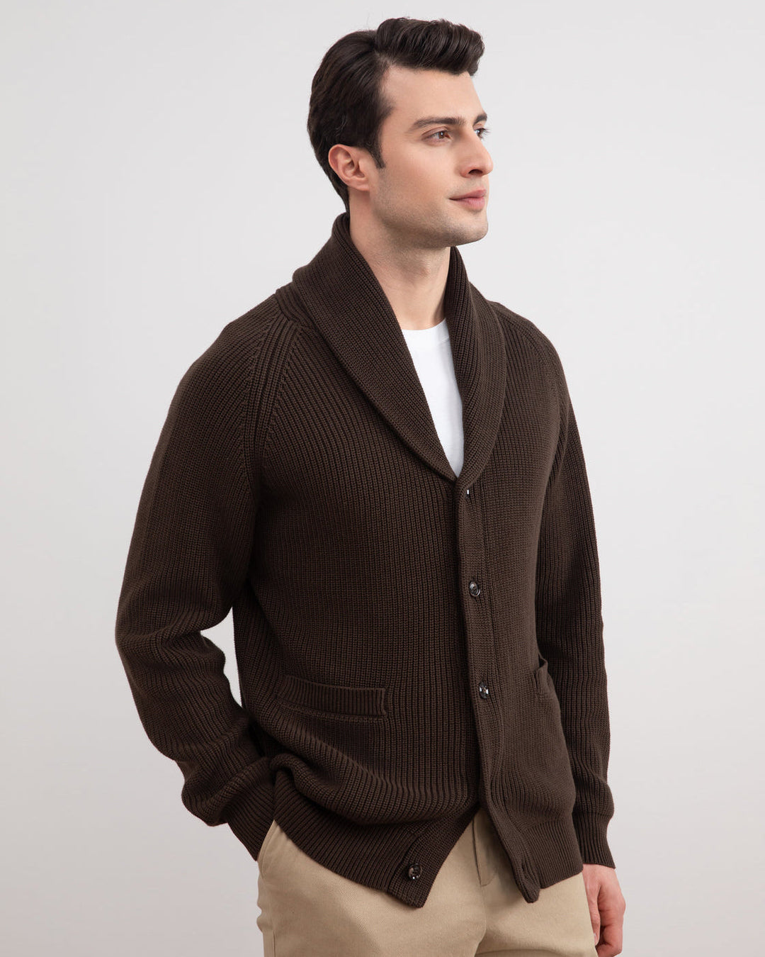 Brown Shawl-Collar Ribbed Cardigan