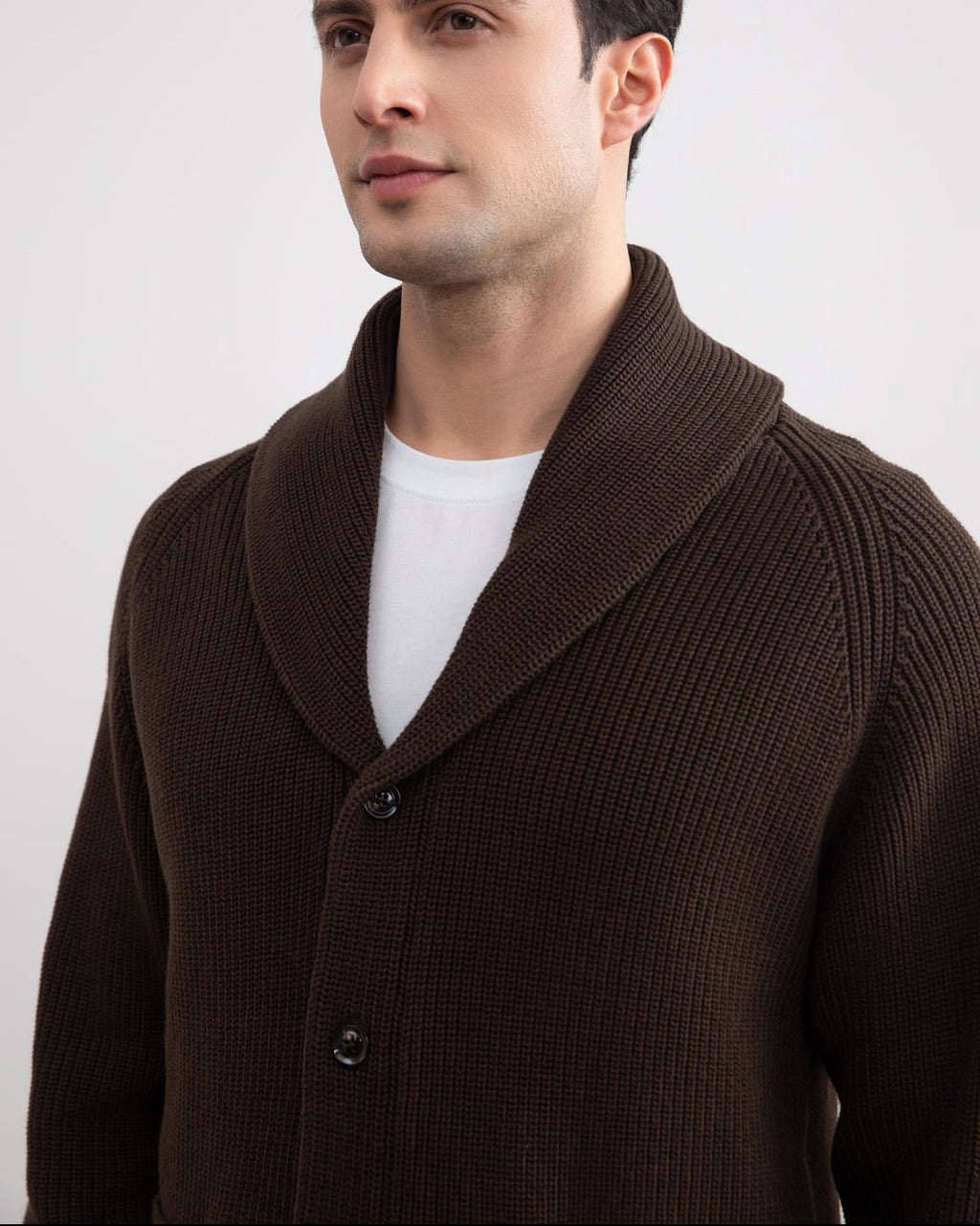 Brown Shawl-Collar Ribbed Cardigan