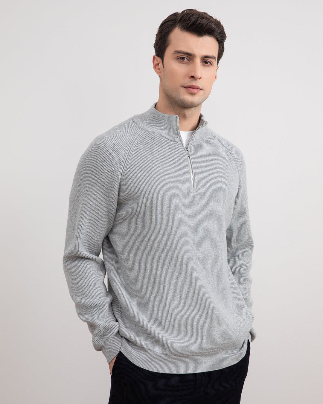 Grey Mélange English rib turtleneck half-zip sweater