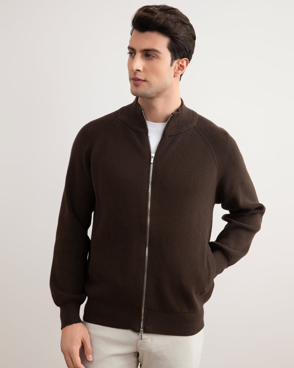 Brown English Rib Full Zip Cardigan