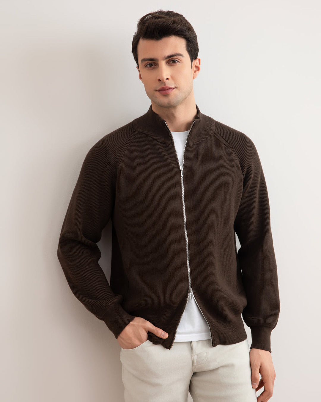 Brown English Rib Full Zip Cardigan