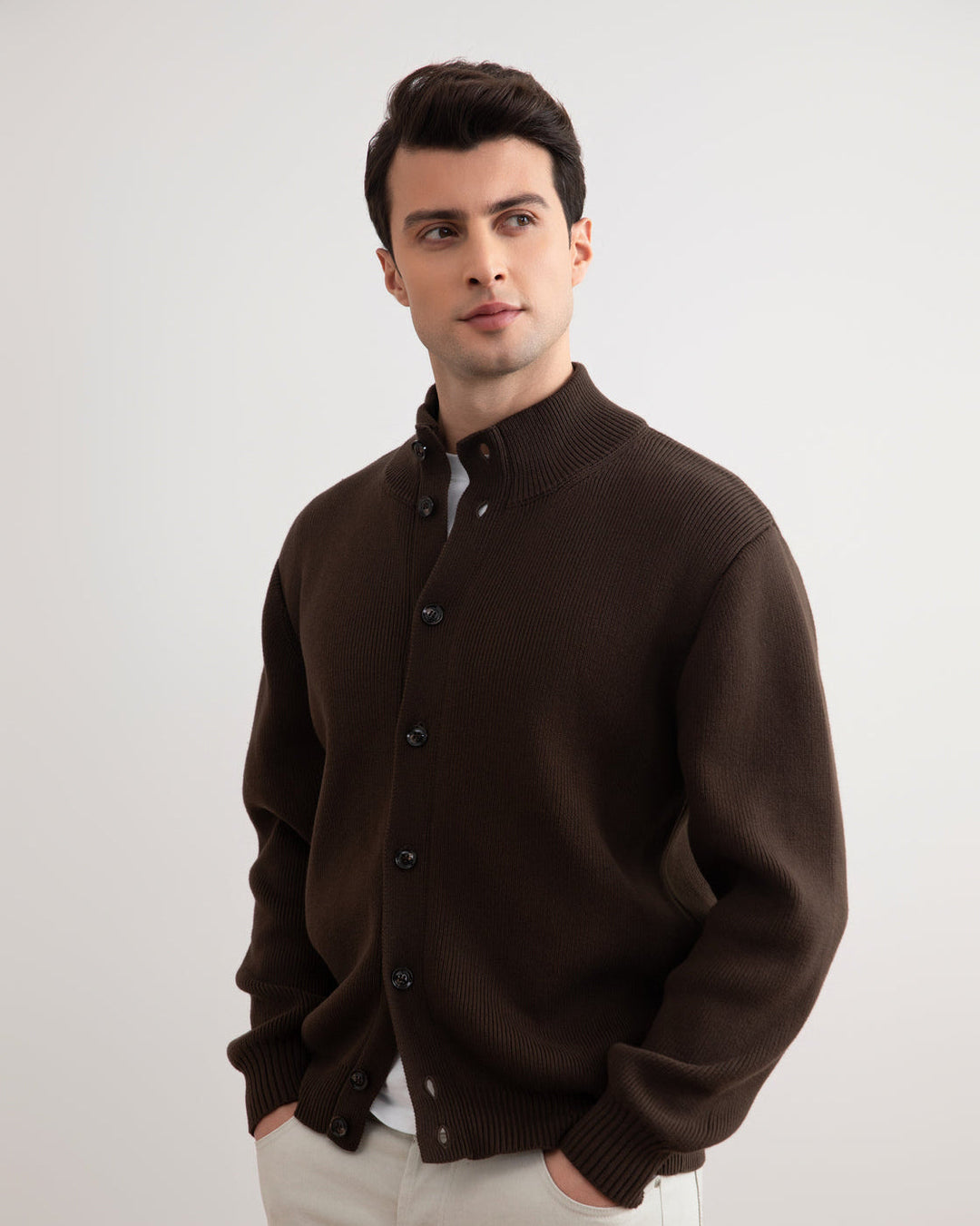 Brown Ribbed Button Closure Cardigan