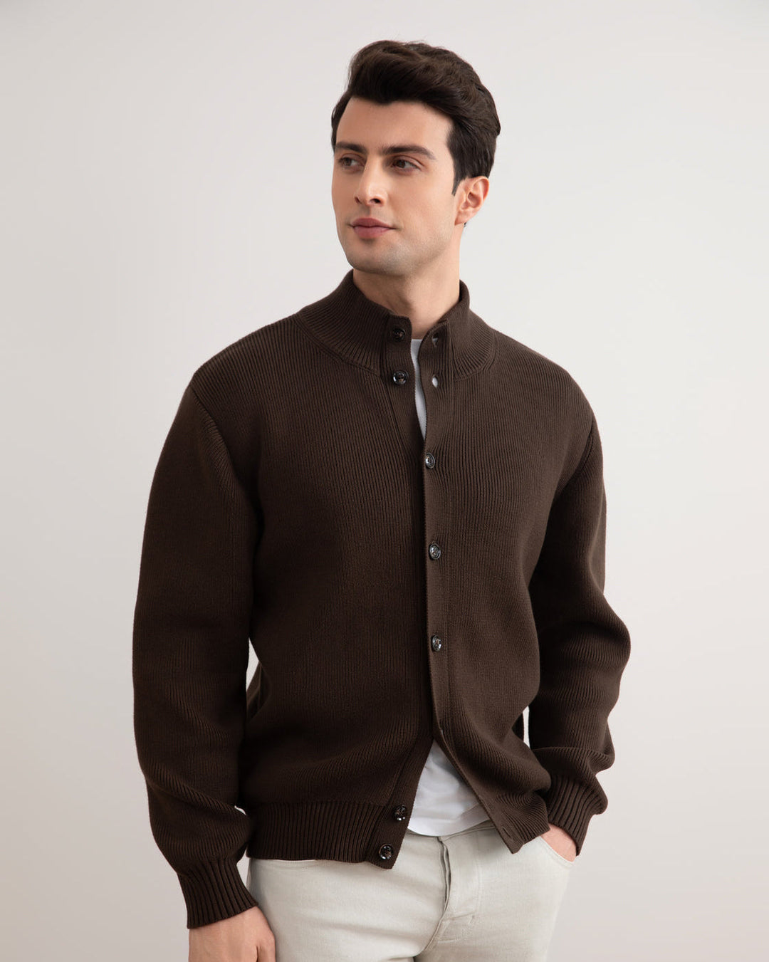 Brown Ribbed Button Closure Cardigan