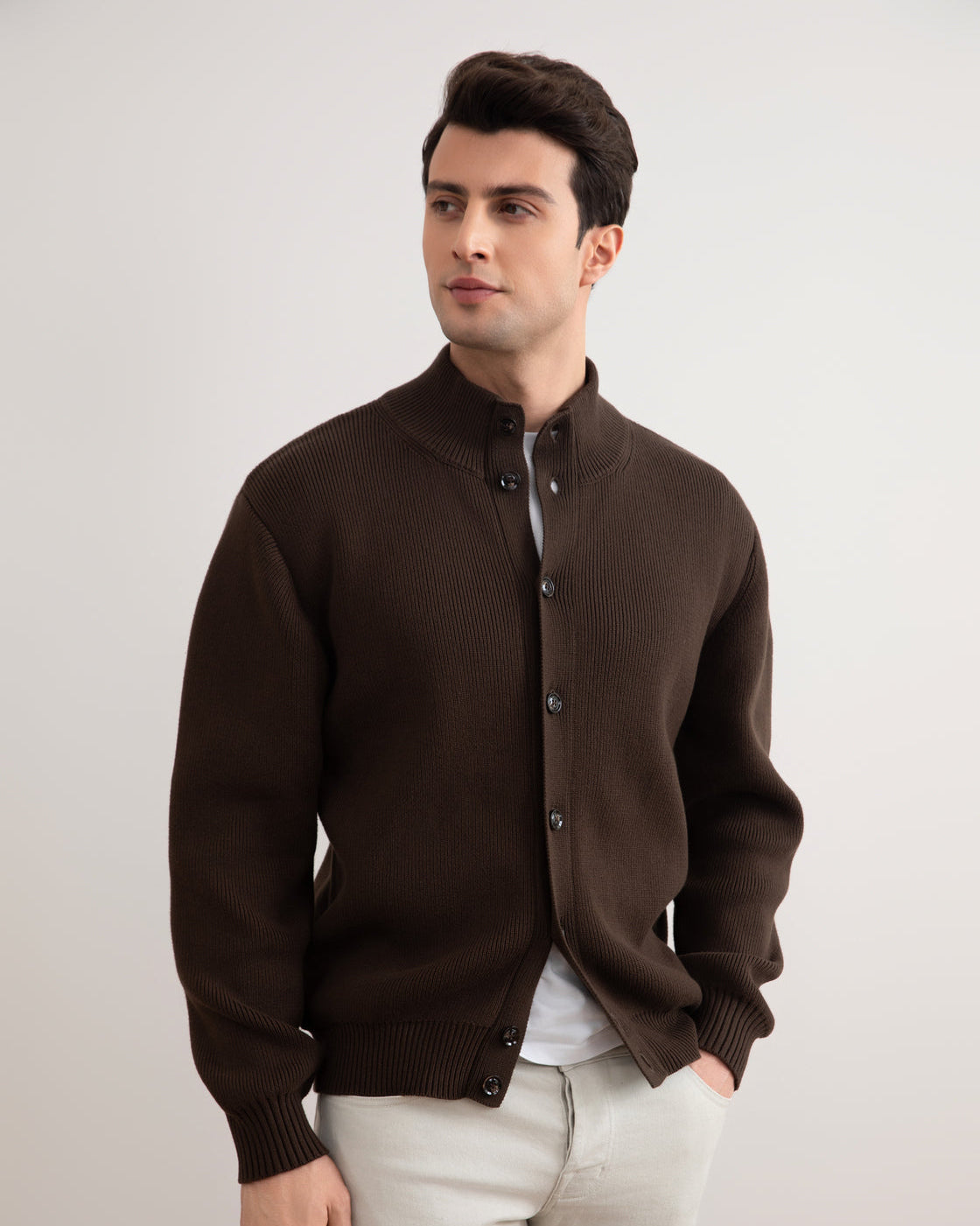 Brown Ribbed Button Closure Cardigan
