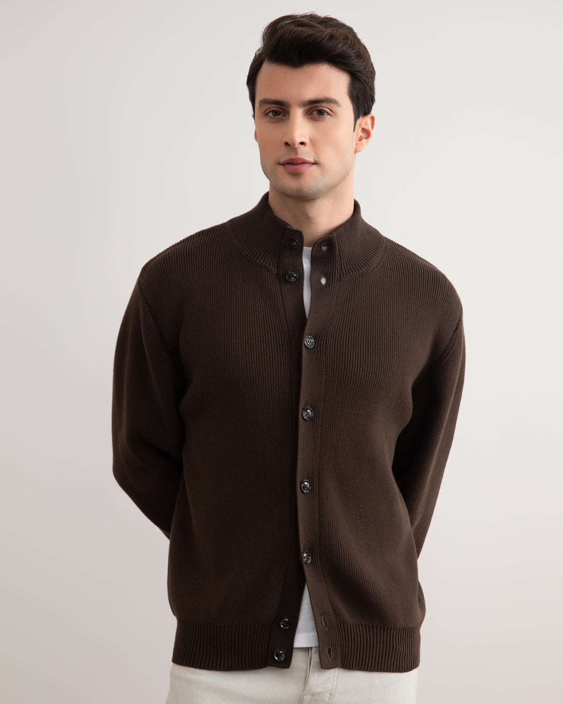 Brown Ribbed Button Closure Cardigan