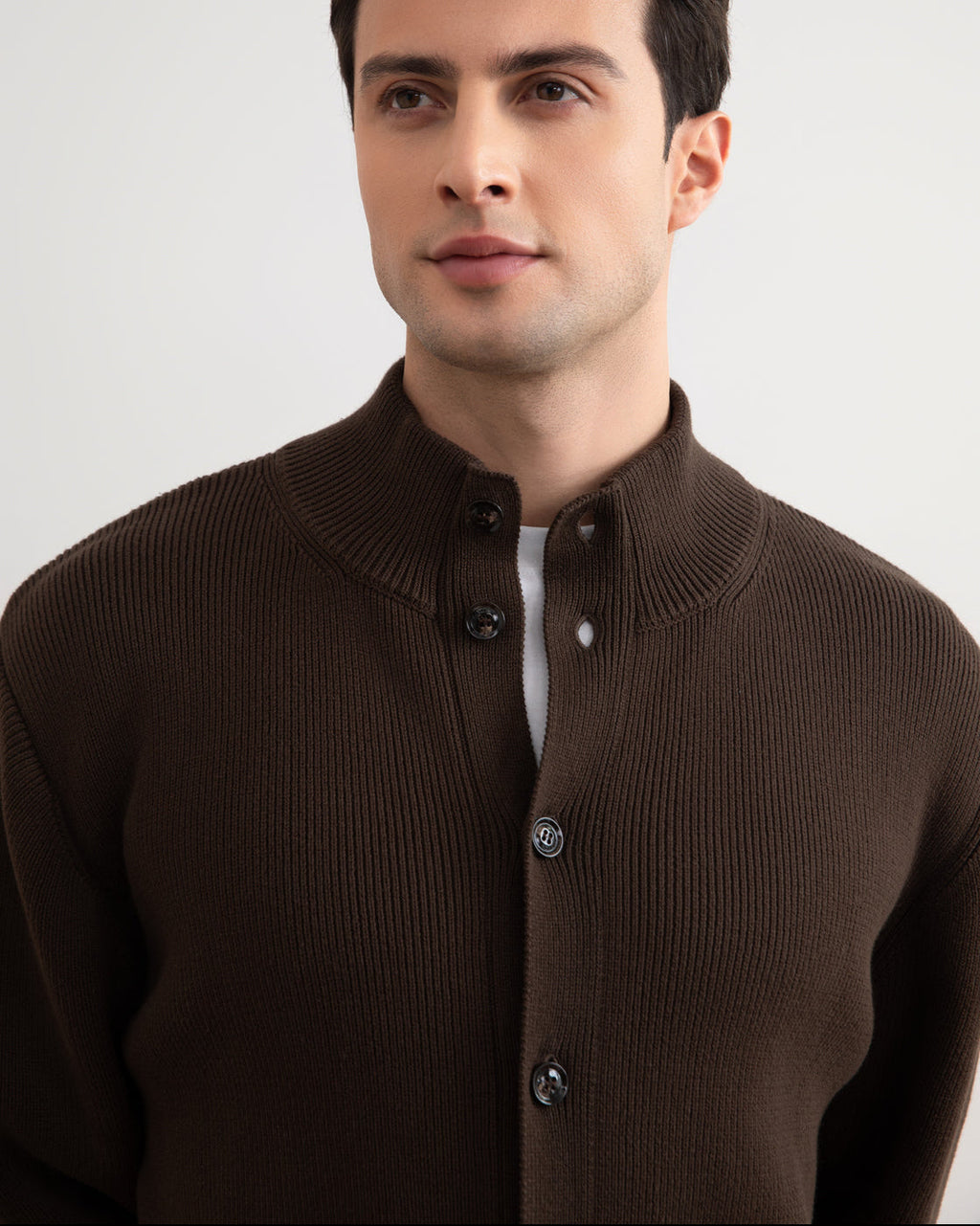 Brown Ribbed Button Closure Cardigan