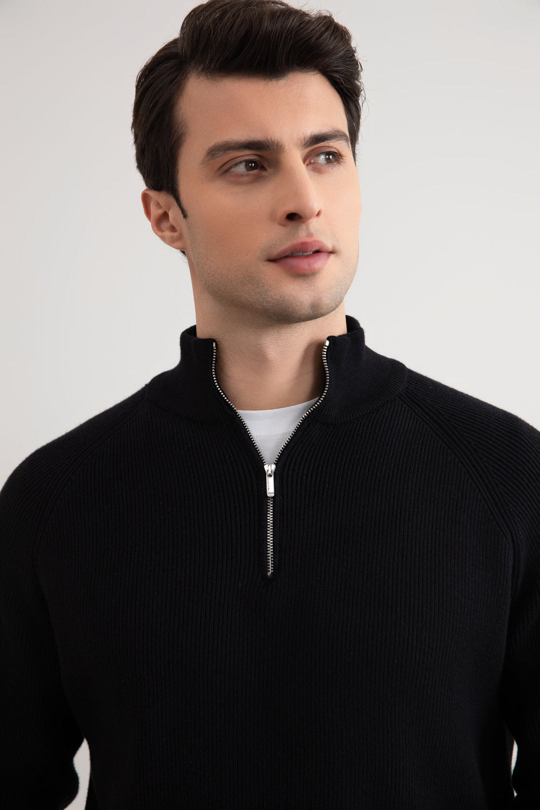 Black English rib turtleneck half-zip sweater