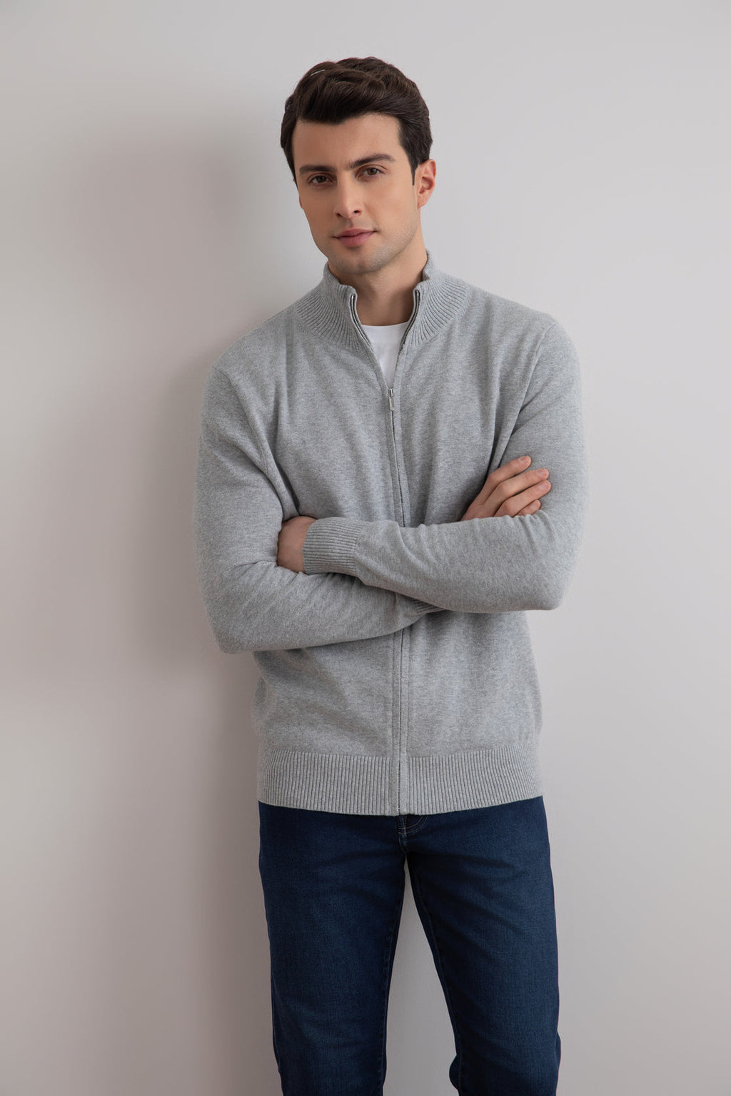 Grey Mélange Classic Zip-Up Cardigan