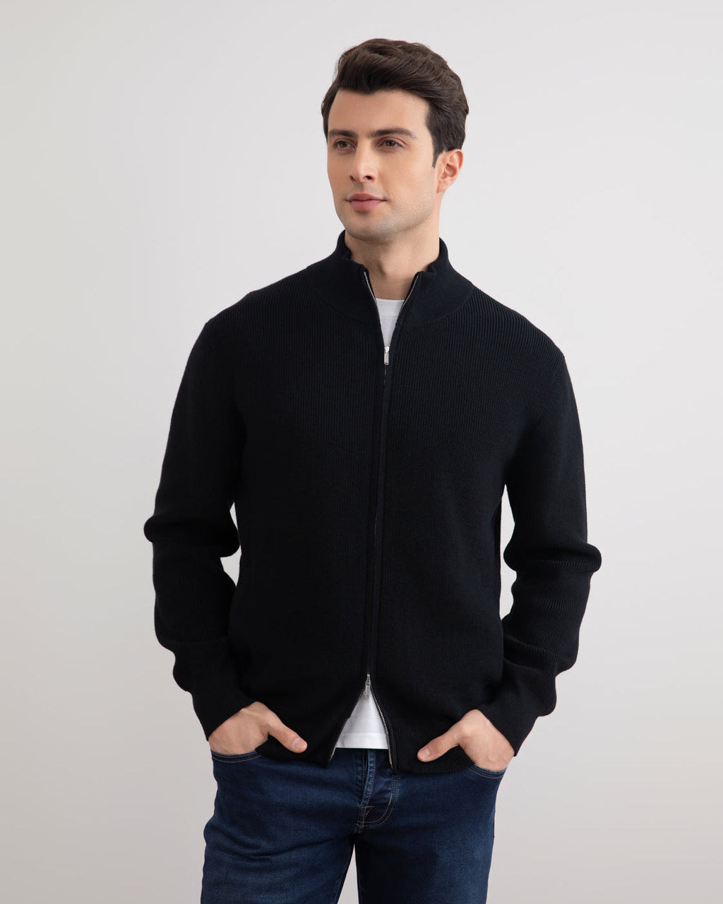 Black English Rib Full Zip Cardigan