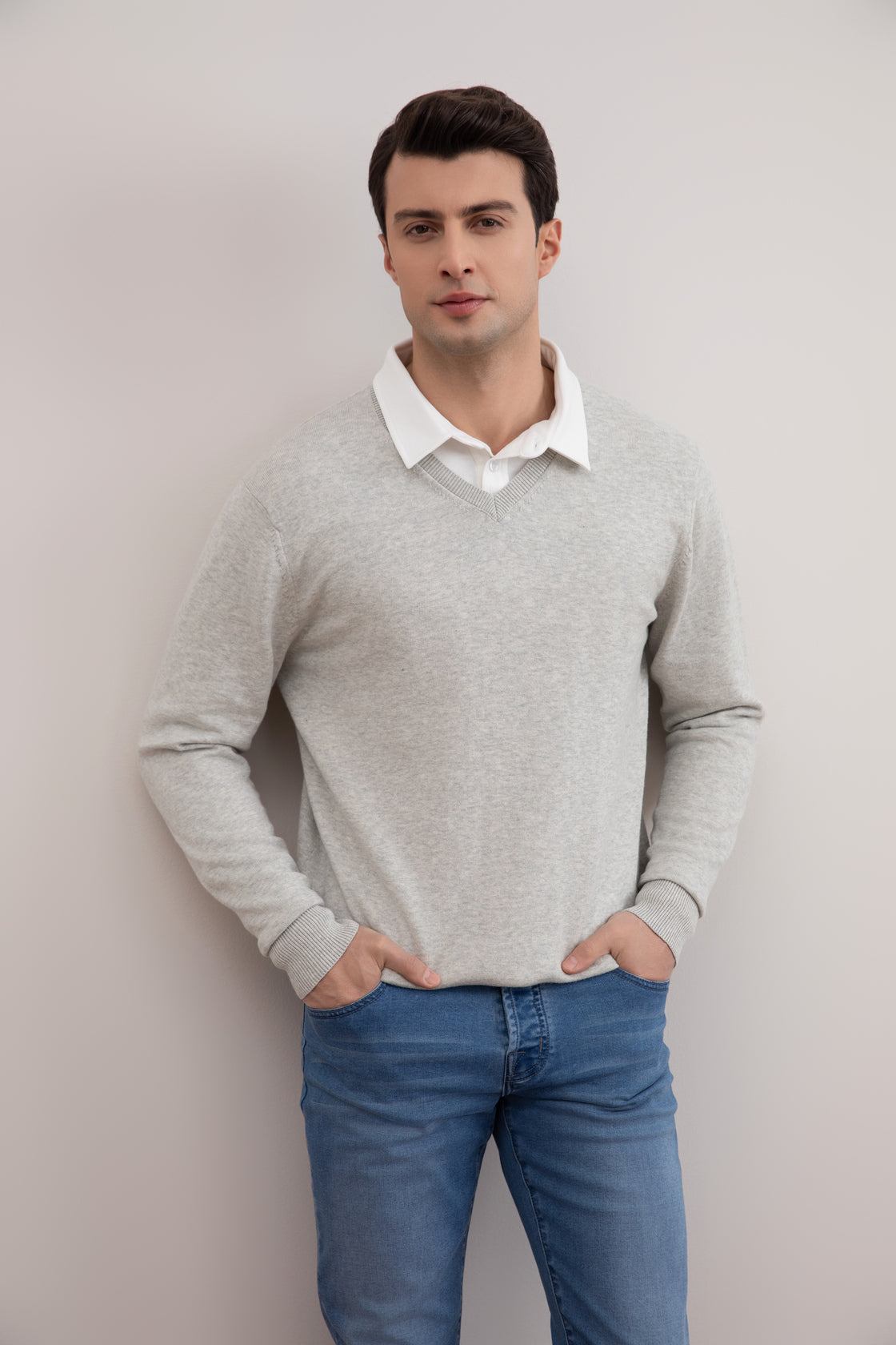 Grey Mélange V-Neck Sweater