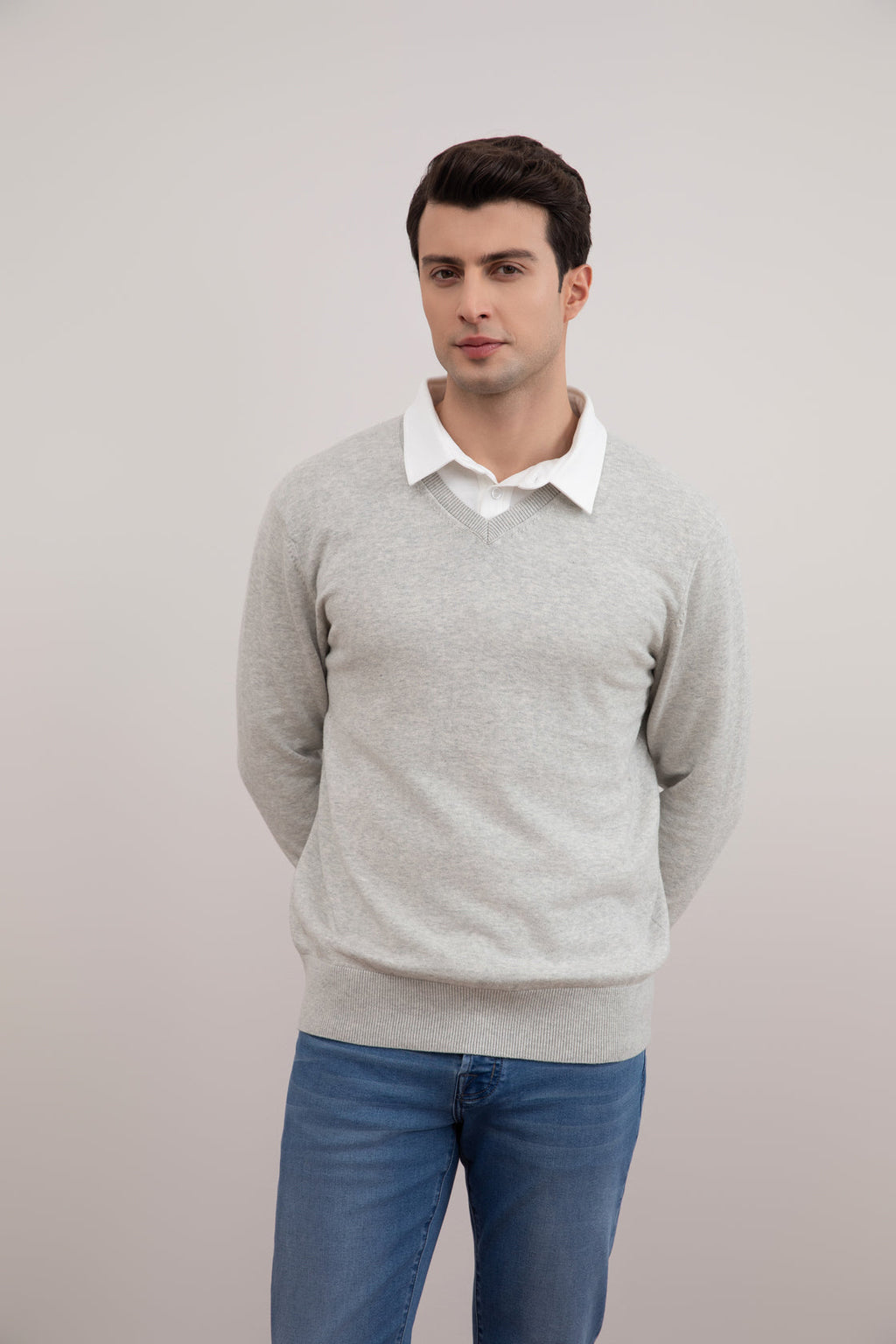 Grey Mélange V-Neck Sweater