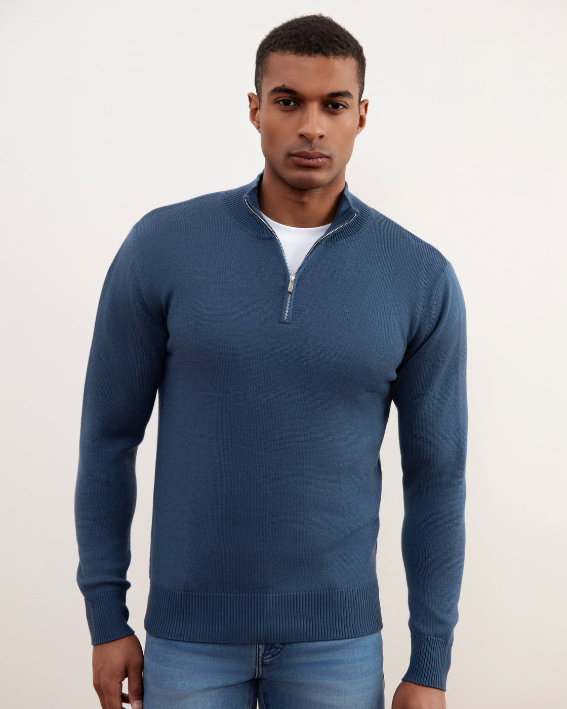 Blue Merino Wool Half-Zip Sweater