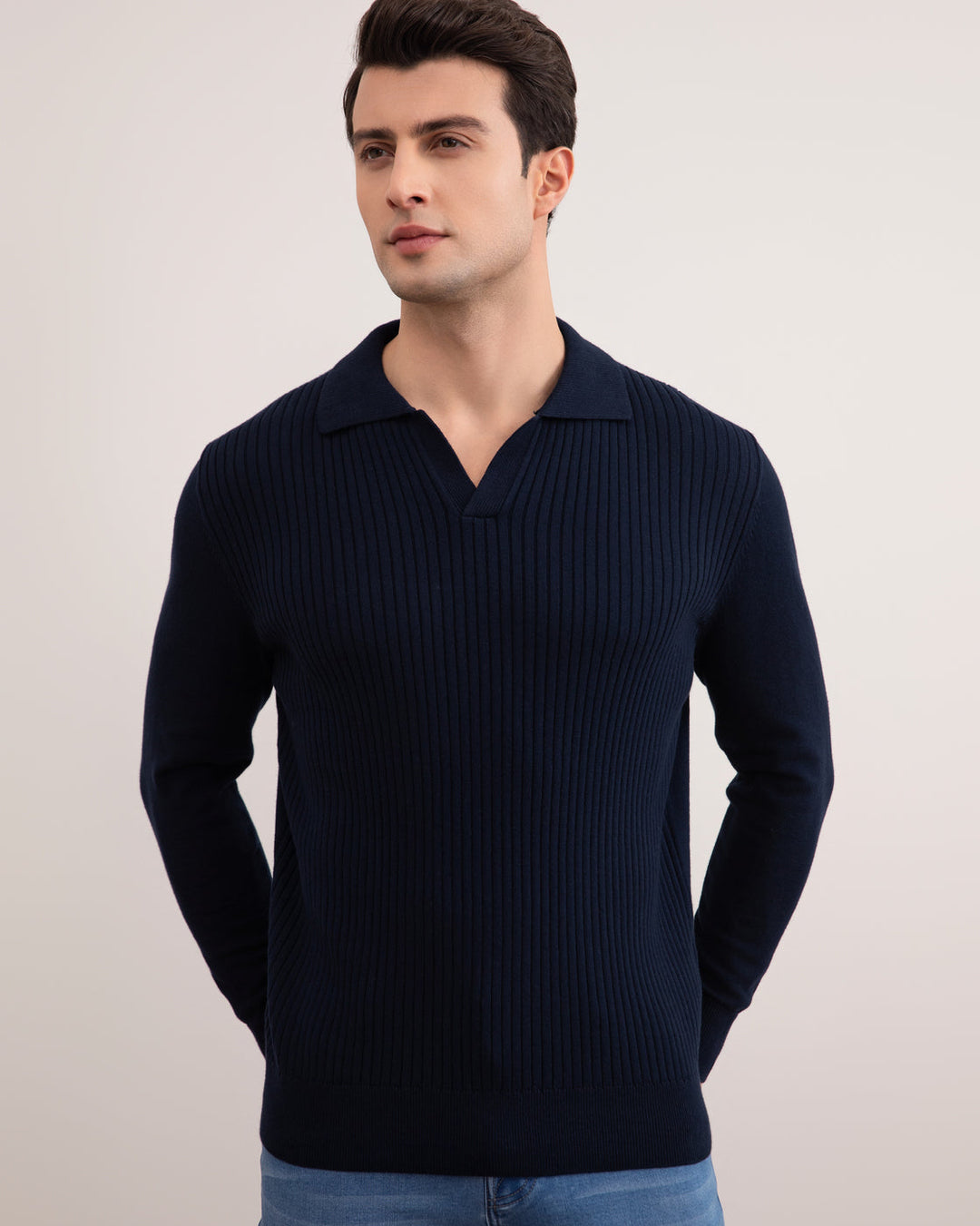 Navy Striped Open Polo Shirt