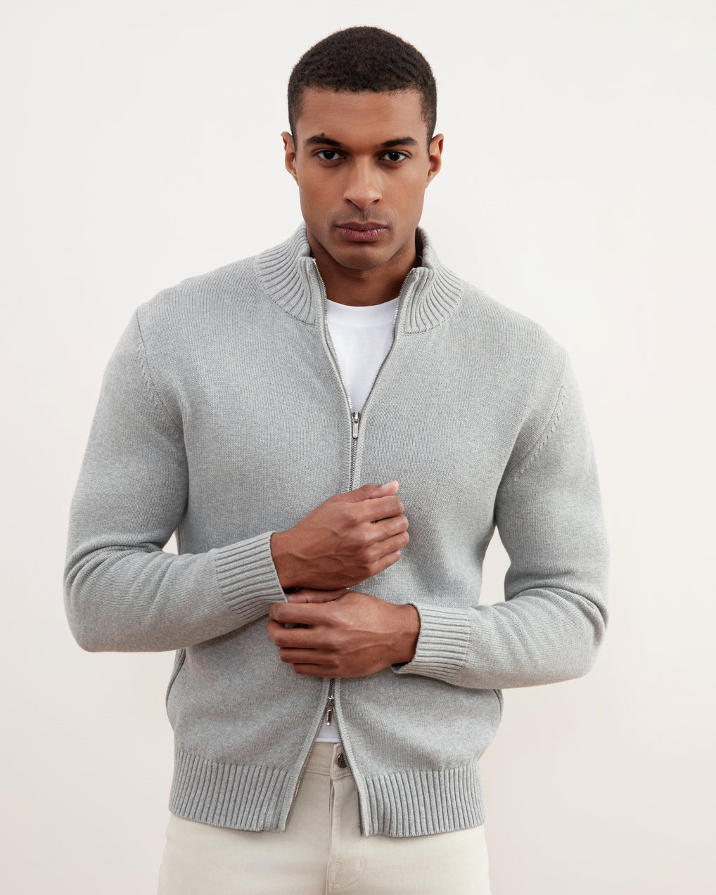 Grey Mélange Ribbed Zip-Up Sweater