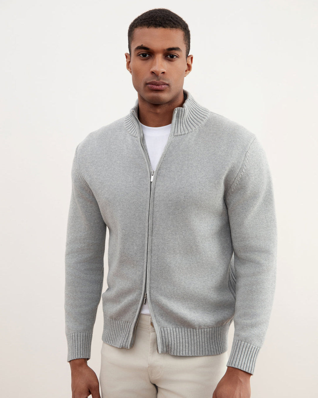 Grey Mélange Ribbed Zip-Up Sweater