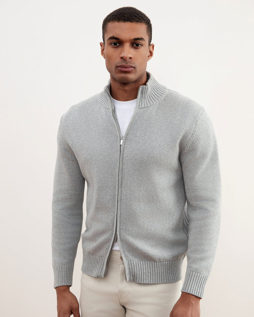 Grey Mélange Ribbed Zip-Up Sweater
