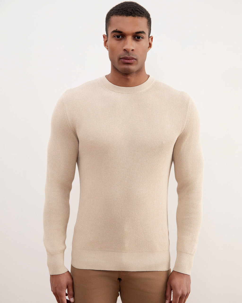Beige Crewneck Malfilé English Rib Sweater