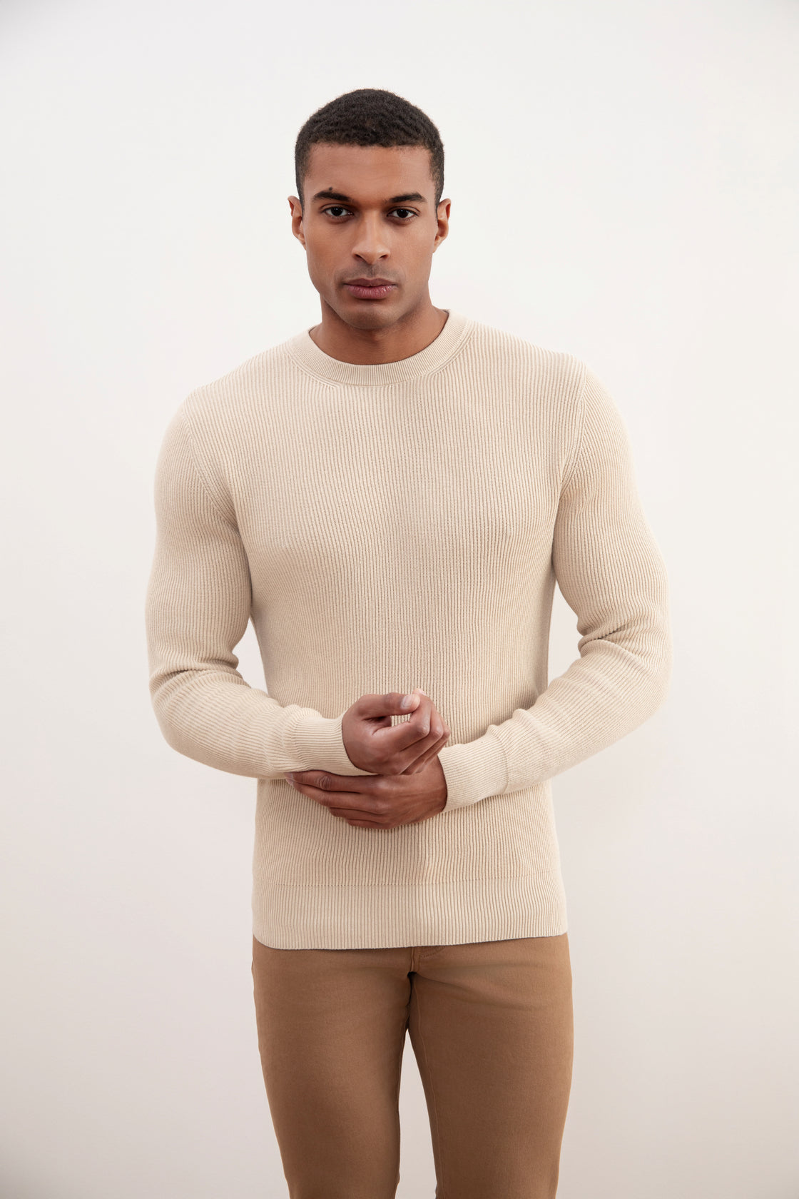 Beige Crewneck Malfilé English Rib Sweater