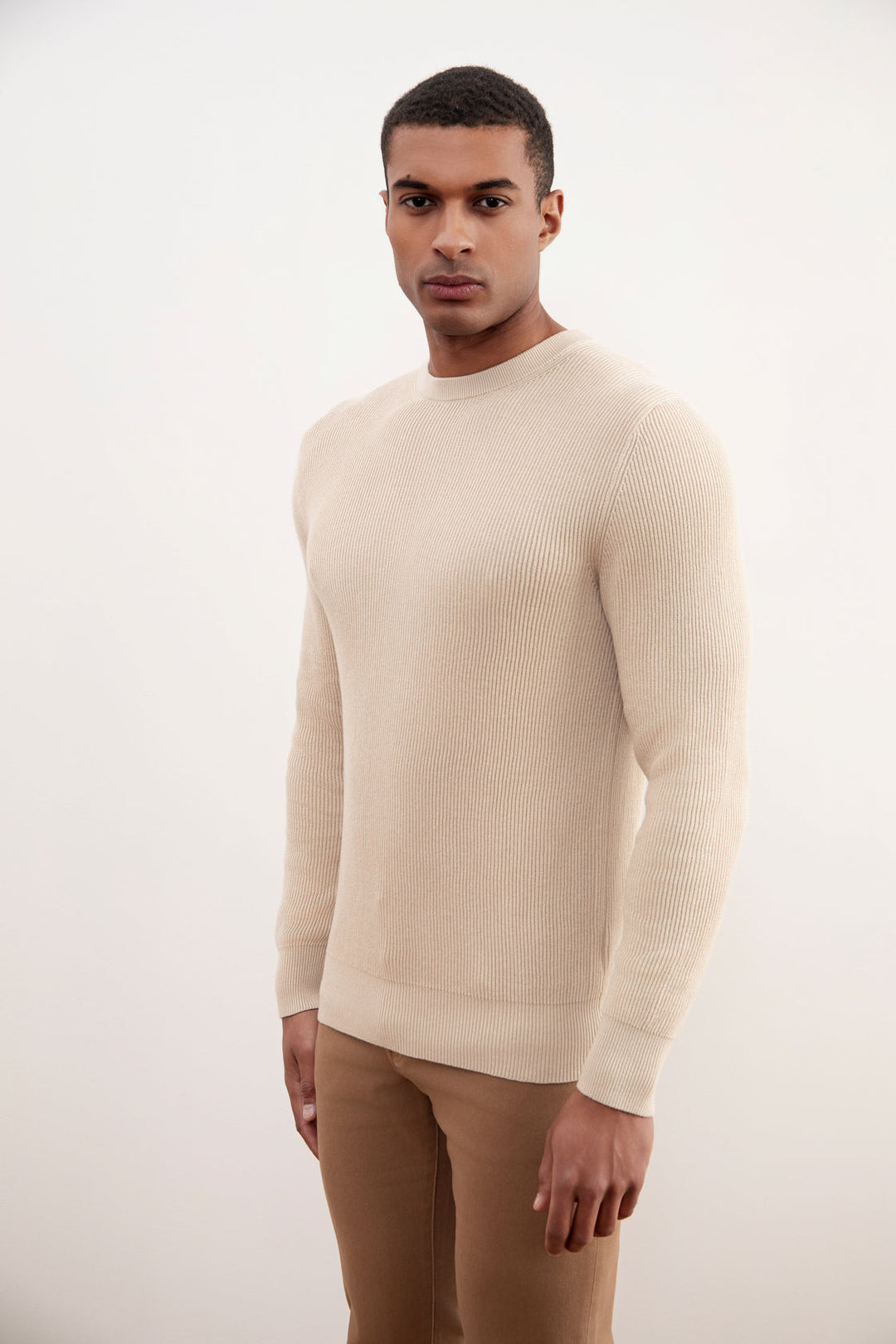 Beige Crewneck Malfilé English Rib Sweater